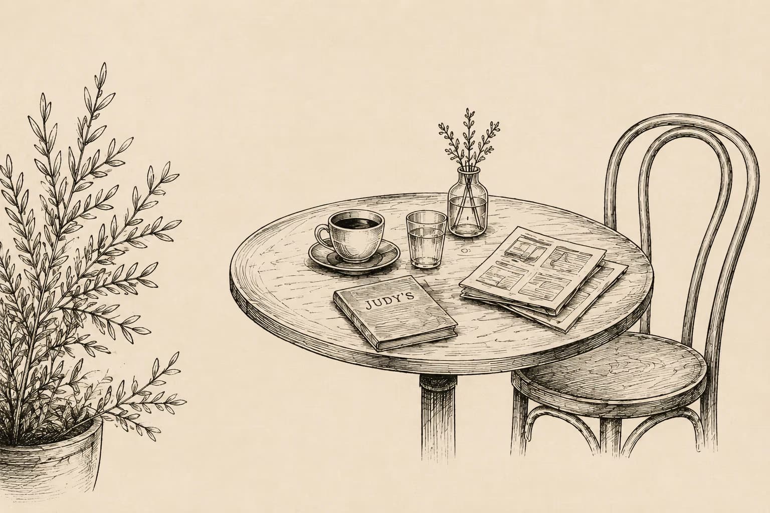 A pen-and-ink sketch of a café table with coffee, a book, a newspaper and an empty chair.